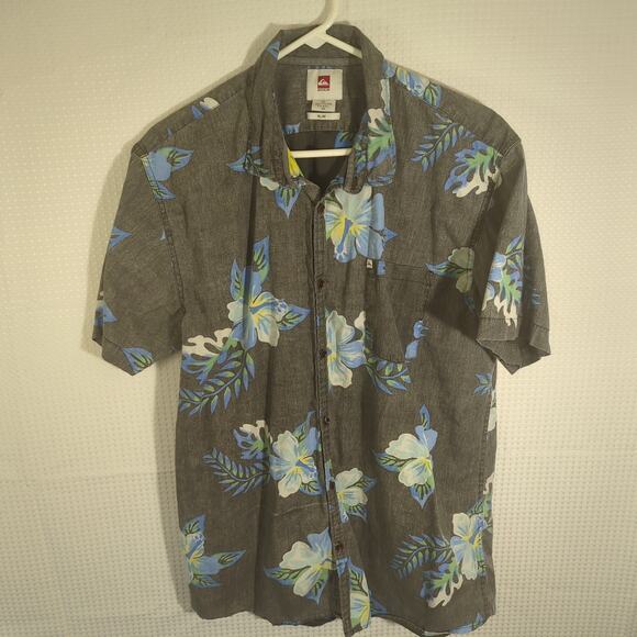 Quiksilver XXL Slim Fit Hawaiian Shirt Mens Short Sleeve Gray Blue Floral Casual - Picture 1 of 4